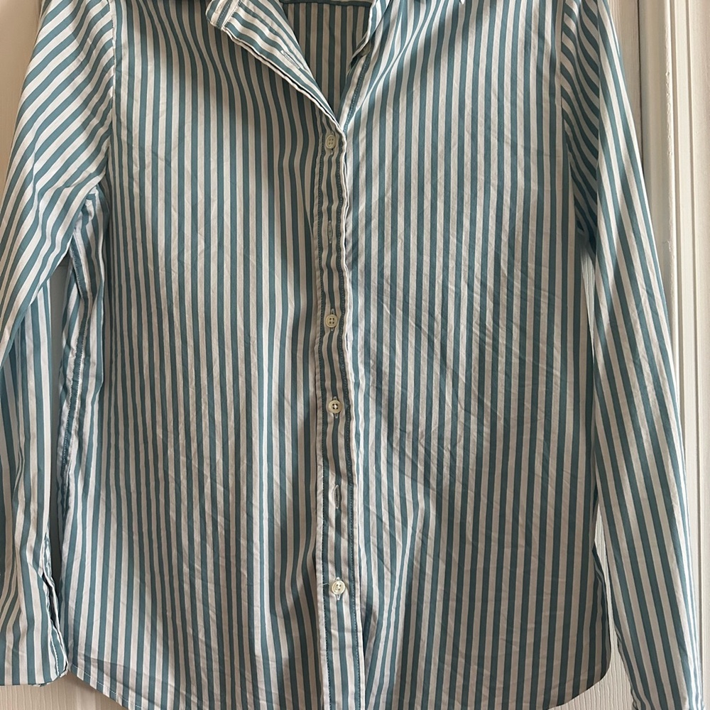 The Shirt by Rochelle Behrens Teal and White Striped Blouse
